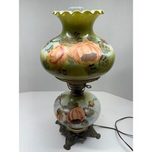 Vintage Gone with the Wind Hurricane Lamp Hand Painted Floral Green Orange Rose
